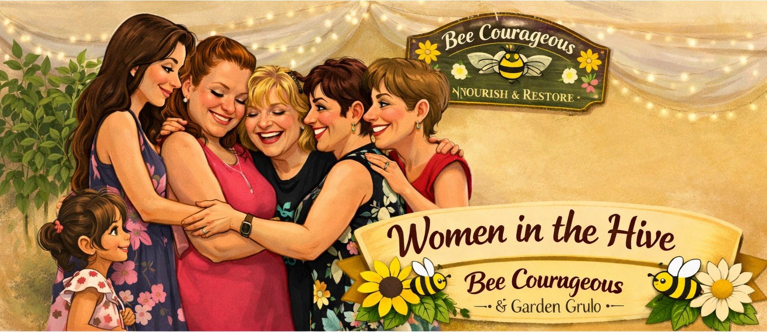 Illustrated banner of the women of Bee Courageous embracing beneath a garden sign reading Nourish and Restore